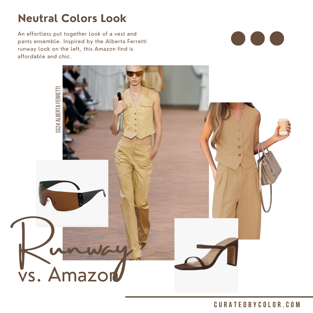 An image featuring a split comparison of two outfits: on the left, a model on a runway wearing a sleeveless, double-breasted khaki vest and coordinating pants with a straight-leg cut, accessorized with dark, oversized shield sunglasses. On the right, a similar affordable fashion look from Amazon is displayed, showing a woman in a sleeveless khaki jumpsuit with a button-up front and wide-leg pants, holding a coffee cup with a neutral-toned handbag on her shoulder, and brown strappy block heels beneath. Above are three color swatches in shades of khaki, and text describing the look as "Neutral Colors Look - an effortless put-together look of a vest and pants ensemble. Inspired by the Alberta Ferretti runway look on the left, this Amazon find is affordable and chic." The caption below contrasts "Runway vs. Amazon" with the website "CURATEDBYCOLOR.COM" mentioned.